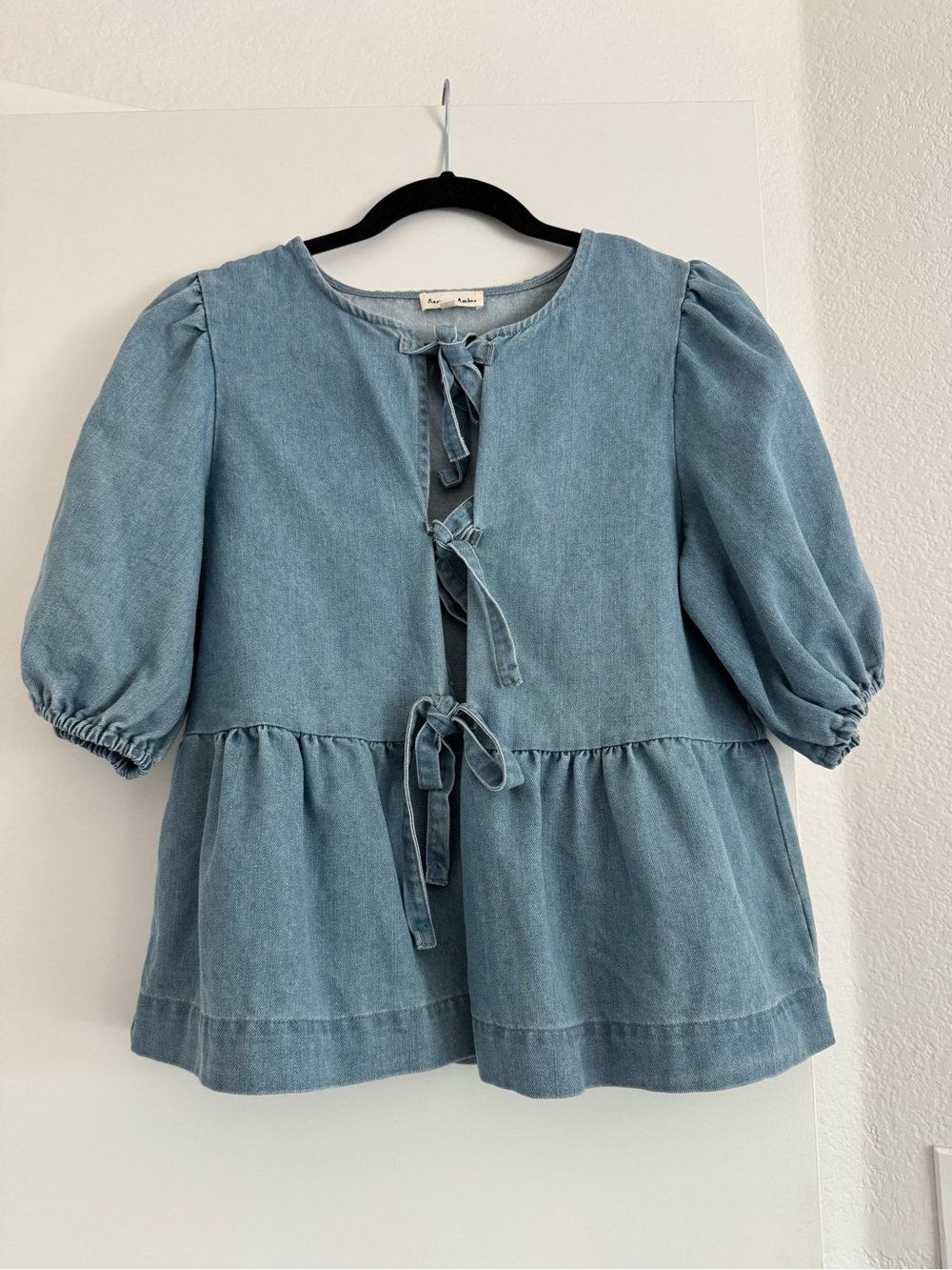 Aaron & Amber Light Wash Denim Tie-Front Top